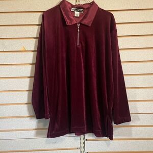 Blast Velour Top Womens Medium Burgundy‎ Long Sleeve Quarter Zip Blouse